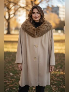 CFC 100% Cashmere and Rabbit Fur Collar Classic Beige Coat 3/4 sleeves